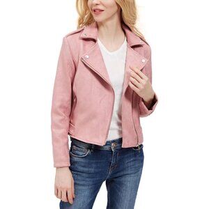 Women's Fall Fashion Faux Suede Leather Casual Moto Biker Jacket Coats Pink